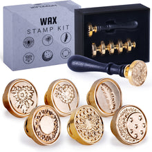 Load image into Gallery viewer, HOPPLER Wax Seal Stamp Set 6 Pcs Sealing Wax Stamp Kit with 6 Copper Head 1 Wooden Handle Perfect for Vintage Letters Invitations Cards Envelopes