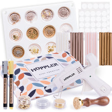 Load image into Gallery viewer, Hoppler Premium Wax Seal Kit With Sealing Wax Gun, 20 Wax Sticks, Sunflower Stamp, 12 Cavity Silicone Wax Seal Mold, And Extra Additions