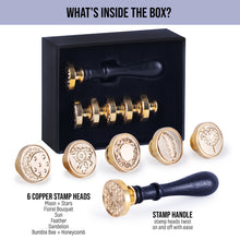 Load image into Gallery viewer, HOPPLER Wax Seal Stamp Set 6 Pcs Sealing Wax Stamp Kit with 6 Copper Head 1 Wooden Handle Perfect for Vintage Letters Invitations Cards Envelopes